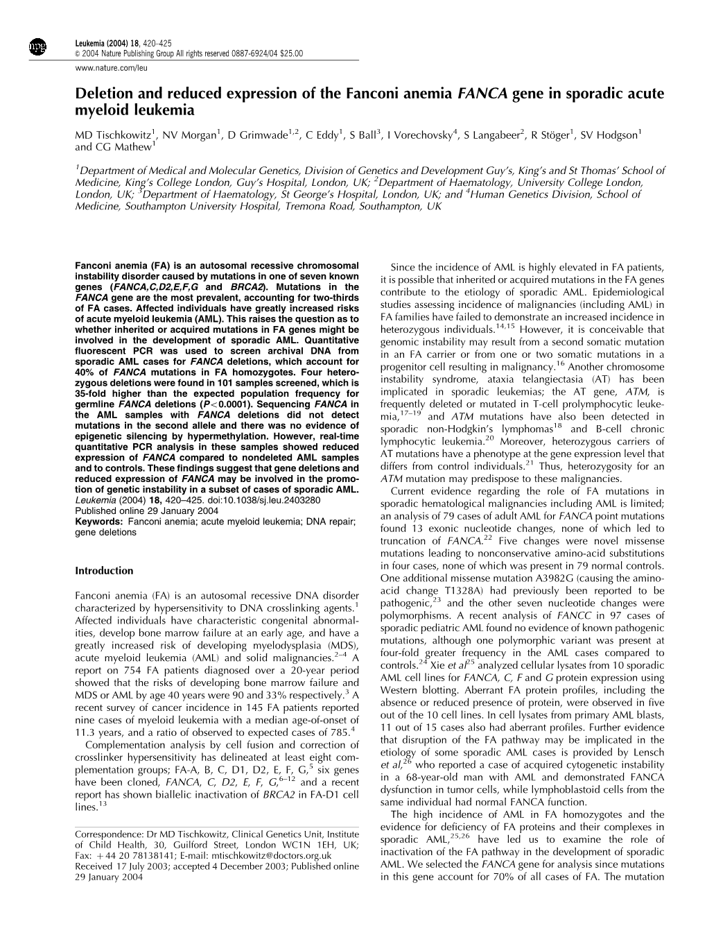 Deletion and Reduced Expression of the Fanconi Anemia FANCA Gene in Sporadic Acute Myeloid Leukemia