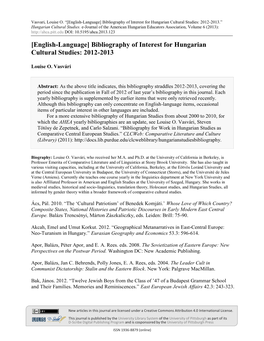 Bibliography of Interest for Hungarian Cultural Studies: 2012-2013.” Hungarian Cultural Studies