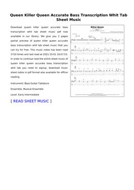 Queen Killer Queen Accurate Bass Transcription Whit Tab Sheet Music