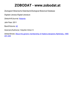 About the Generic Membership of Hadena Decipiens Alphéraky, 1895 231-243 Atalanta 42 (1-4): 231-233, Würzburg (2011), ISSN 0171-0079