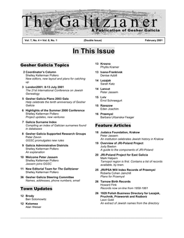 The Galitzianer February 2001 the Galitzianer a Publication of Gesher Galicia