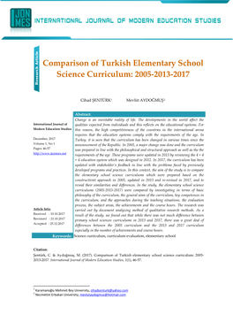 Comparison of Turkish Elementary School Science Curriculum: 2005- 2013-2017