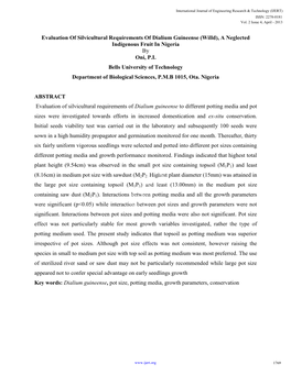 Evaluation of Silvicultural Requirements of Dialium Guineense (Willd), a Neglected Indigenous Fruit in Nigeria by Oni, P.I