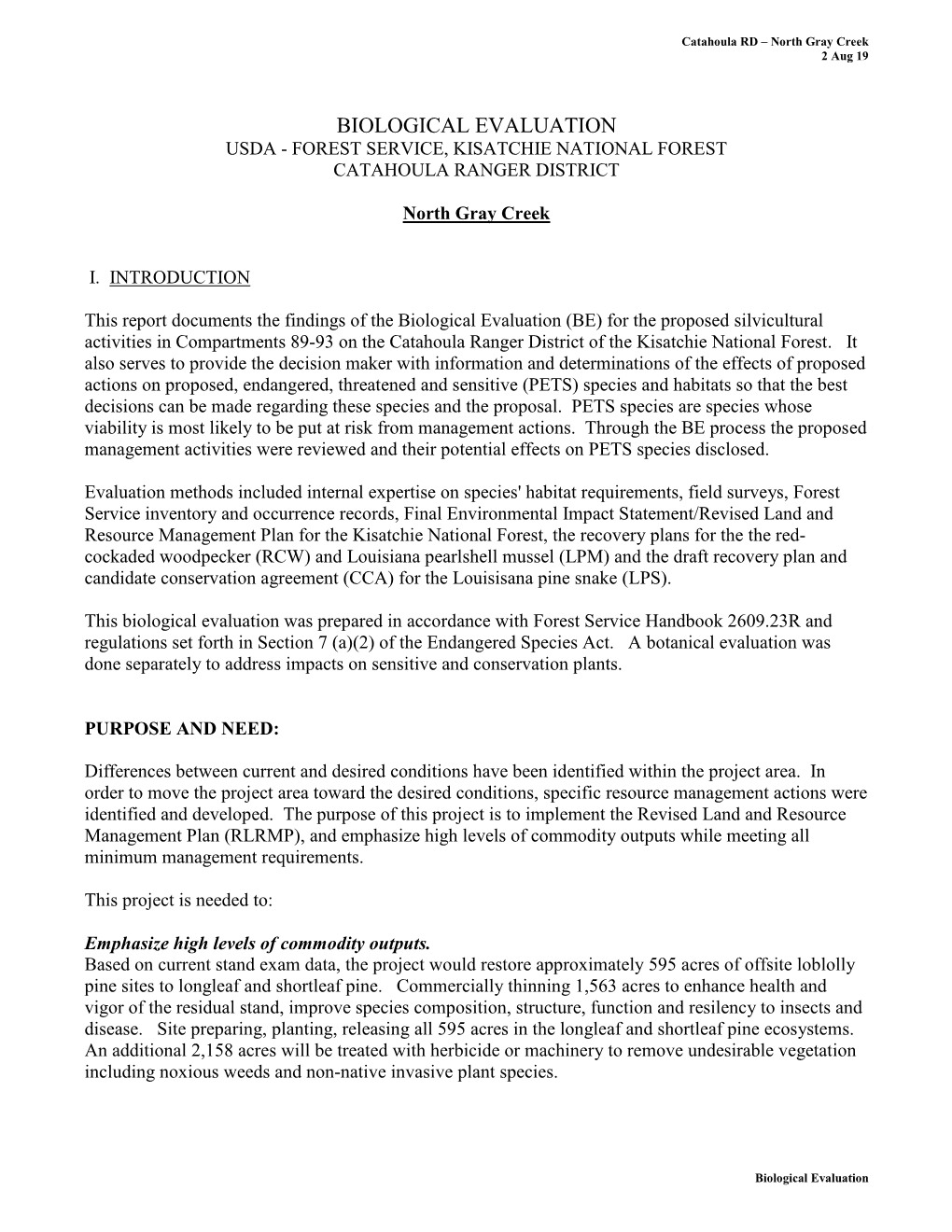 Biological Evaluation Usda - Forest Service, Kisatchie National Forest Catahoula Ranger District