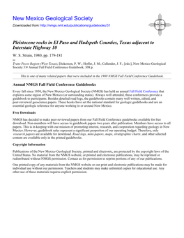 Pleistocene Rocks in El Paso and Hudspeth Counties, Texas Adjacent to Interstate Highway 10 W