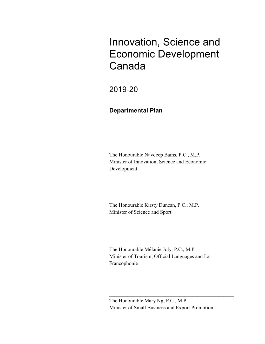 2019-20 Departmental Plan for Innovation, Science and Economic Development Canada