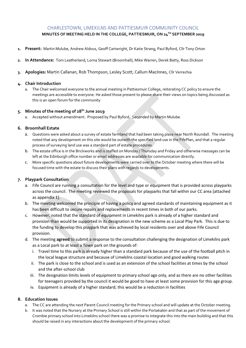 Charlestown, Limekilns and Pattiesmuir Community Council Minutes of Meeting Held in the College, Pattiesmuir, on 24Th September 2019