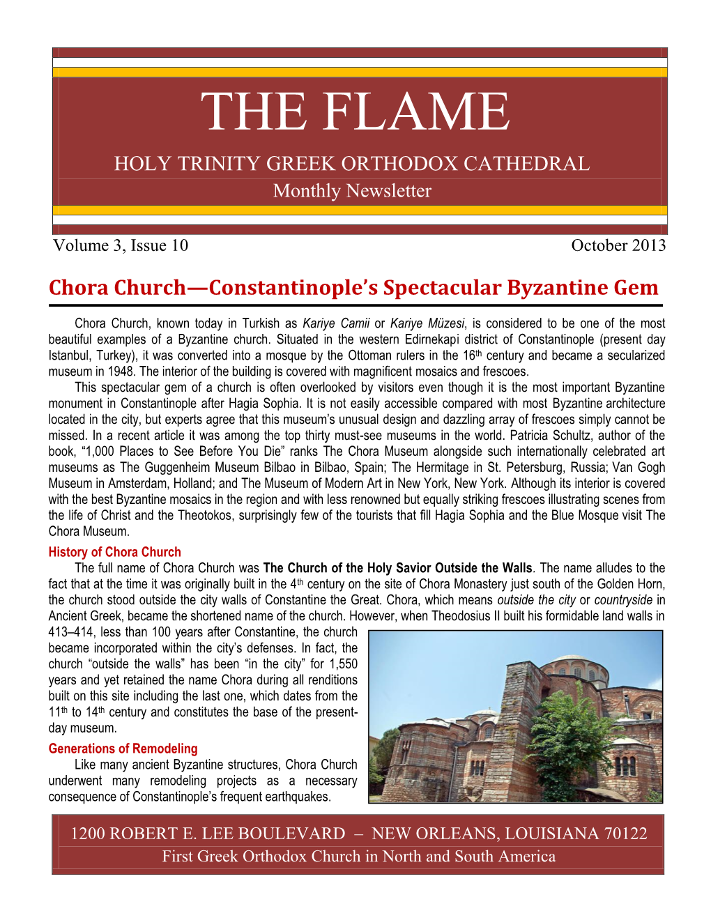 THE FLAME HOLY TRINITY GREEK ORTHODOX CATHEDRAL Monthly Newsletter