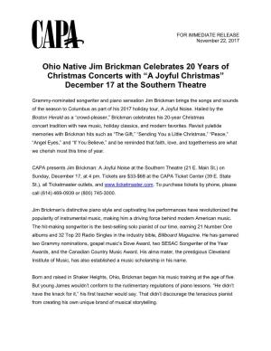 Ohio Native Jim Brickman Celebrates 20 Years of Christmas Concerts with “A Joyful Christmas” December 17 at the Southern Theatre