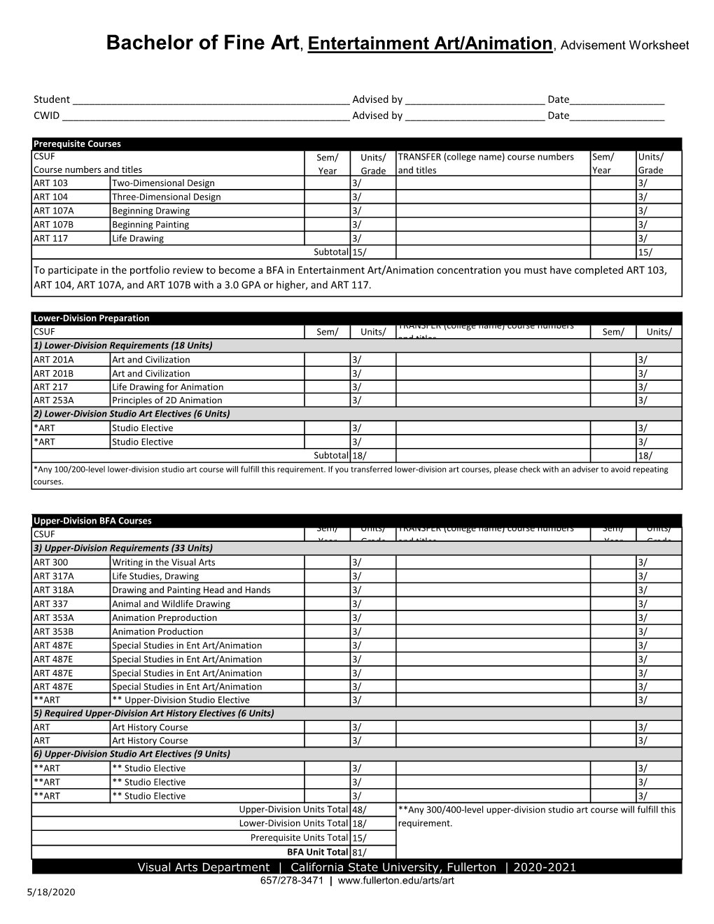 Bachelor of Fine Art, Entertainment Art/Animation, Advisement Worksheet ...