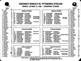 Cincinnati Bengals Vs. Pittsburgh Steelers Monday, October 13, 1986—Riverfront Stadium Bengals Steelers