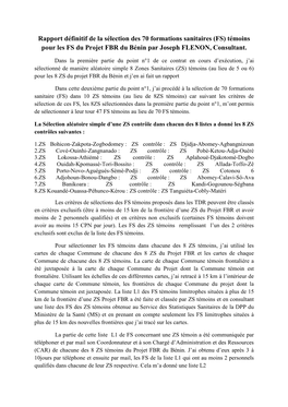 Rapport Définitif De La Sélection Des 70 Formations Sanitaires (FS) Témoins Pour Les FS Du Projet FBR Du Bénin Par Joseph FLENON, Consultant