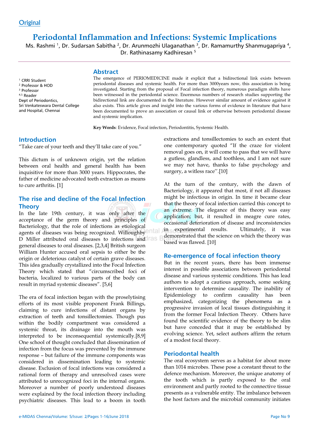 Periodontal Inflammation and Infections: Systemic Implications Ms