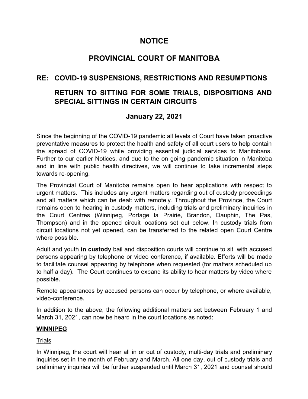 Notice Provincial Court of Manitoba