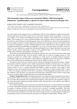 The Taxonomic Status of Deroceras Hesperium Pilsbry, 1944 (Gastropoda: Pulmonata: Agriolimacidae), a Species of Conservation Concern in Oregon, USA