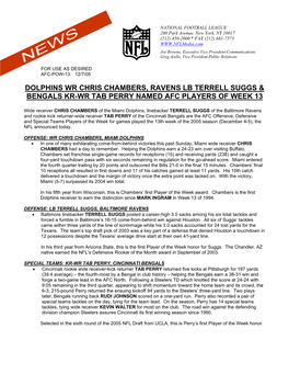 Dolphins Wr Chris Chambers, Ravens Lb Terrell Suggs & Bengals Kr-Wr Tab Perry Named Afc Players of Week 13