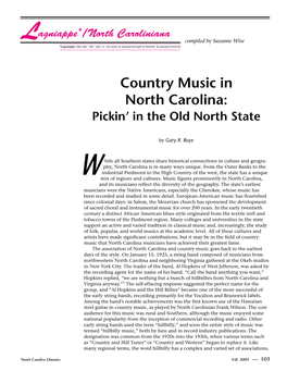 Country Music in North Carolina: Pickin’ in the Old North State