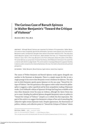 The Curious Case of Baruch Spinoza in Walter Ben­Ja­Min’S “Toward the Critique of Violence”