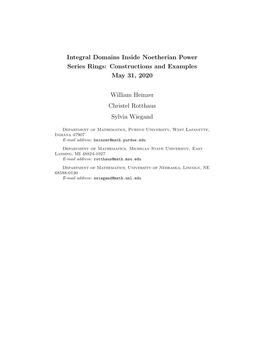 Integral Domains Inside Noetherian Power Series Rings: Constructions and Examples May 31, 2020
