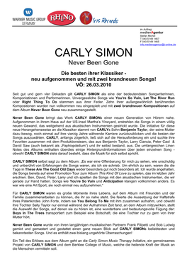 CARLY SIMON Never Been Gone Die Besten Ihrer Klassiker - Neu Aufgenommen Und Mit Zwei Brandneuen Songs! VÖ: 26.03.2010