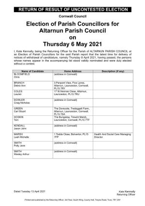 Election of Parish Councillors for Altarnun Parish Council on Thursday 6 May 2021