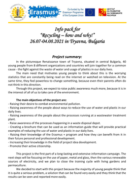 Info Pack for “Recycling – How and Why!” 26.07-04.08.2021 in Tryavna, Bulgaria