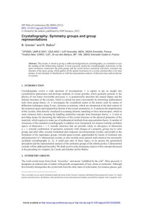 Crystallography: Symmetry Groups and Group Representations B