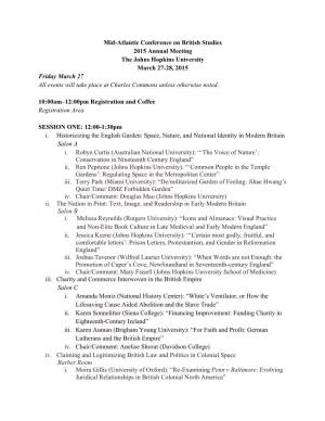 Mid-Atlantic Conference on British Studies 2015 Annual Meeting The
