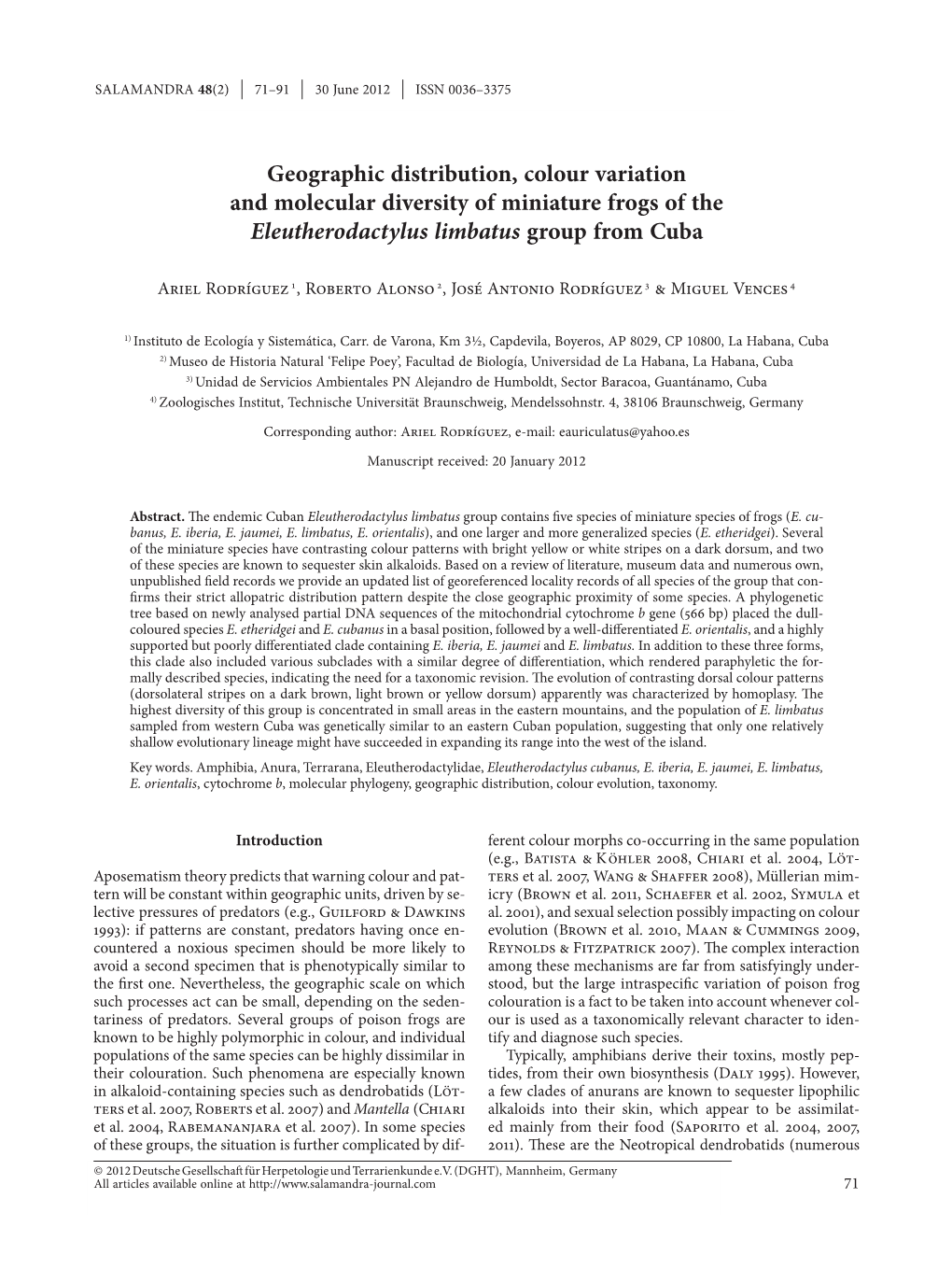 Geographic Distribution, Colour Variation and Molecular Diversity of Miniature Frogs of the Eleutherodactylus Limbatus Group from Cuba