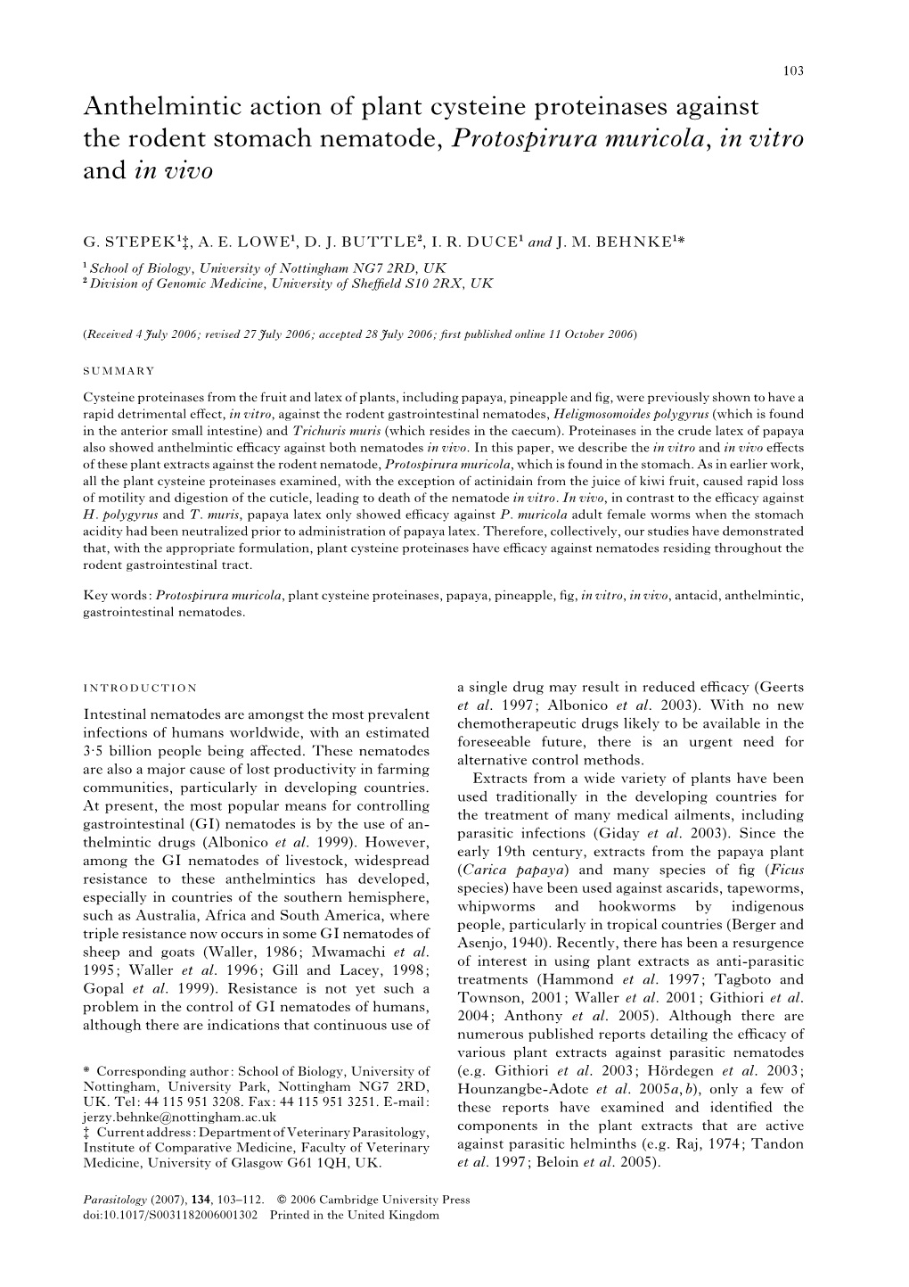 Anthelmintic Action of Plant Cysteine Proteinases Against the Rodent Stomach Nematode, Protospirura Muricola, in Vitro and in Vivo