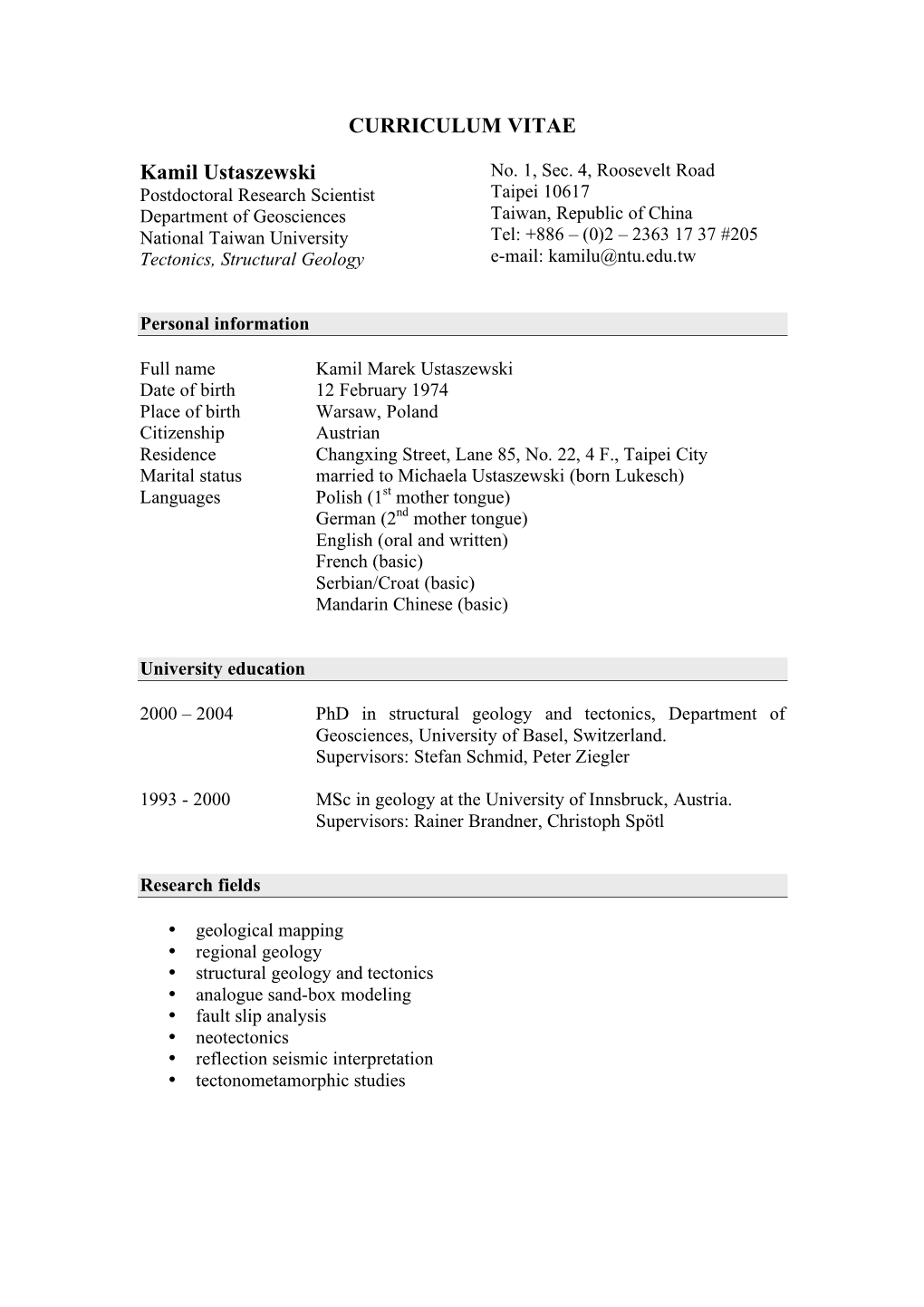 CURRICULUM VITAE Kamil Ustaszewski