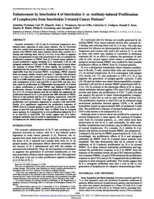 Enhancement by Interleukin 4 of Interleukin 2- Or Antibody-Induced Proliferation of Lymphocytes from Interleukin 2-Treated Cancer Patients1