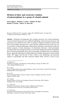 Division of Labor and Recurrent Evolution of Polymorphisms in a Group of Colonial Animals