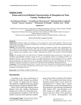 Fauna and Larval Habitat Characteristics of Mosquitoes in Neka County, Northern Iran
