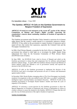 The Gambia: ARTICLE 19 Calls on the Gambian Government to Respect Freedom of Expression