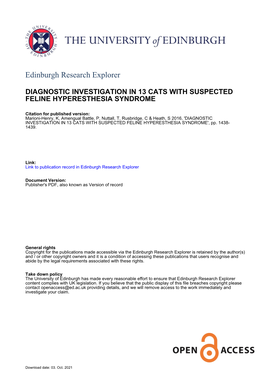 DIAGNOSTIC INVESTIGATION in 13 CATS with SUSPECTED FELINE HYPERESTHESIA SYNDROME', Pp