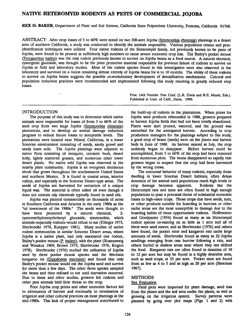 Native Bei'eromyid Rodents As Pests of Commercial Jojoba