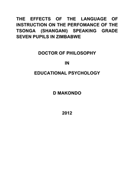 The Effects of the Language of Instruction on the Perfomance of the Tsonga (Shangani) Speaking Grade