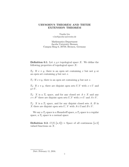 URYSOHN's THEOREM and TIETZE EXTENSION THEOREM Definition