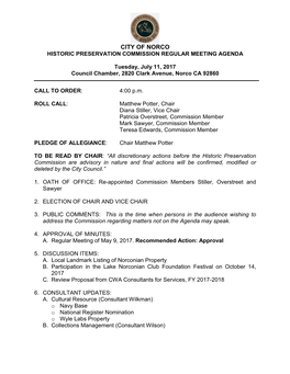 City of Norco Historic Preservation Commission Regular Meeting Agenda
