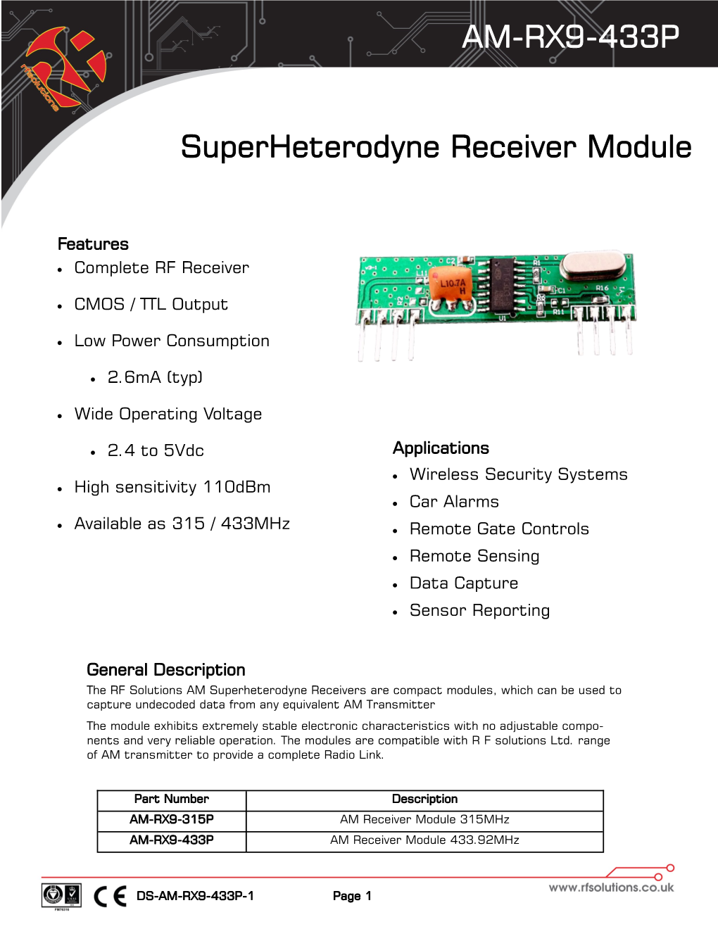 AM-RX9-433P Superheterodyne Receiver Module