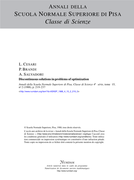 Discontinuous Solutions in Problems of Optimization Annali Della Scuola Normale Superiore Di Pisa, Classe Di Scienze 4E Série, Tome 15, No 2 (1988), P