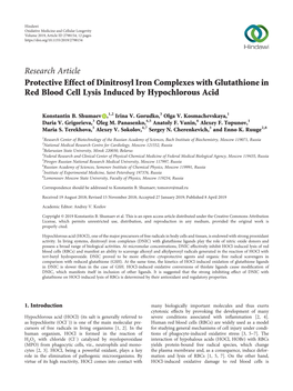 Research Article Protective Effect of Dinitrosyl Iron Complexes with Glutathione in Red Blood Cell Lysis Induced by Hypochlorous Acid