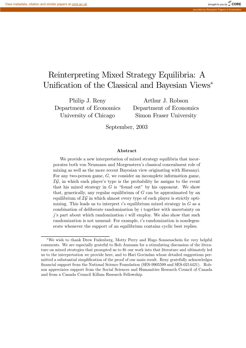 Reinterpreting Mixed Strategy Equilibria: a Unification Of