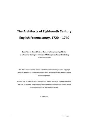 The Architects of Eighteenth Century English Freemasonry, 1720 – 1740
