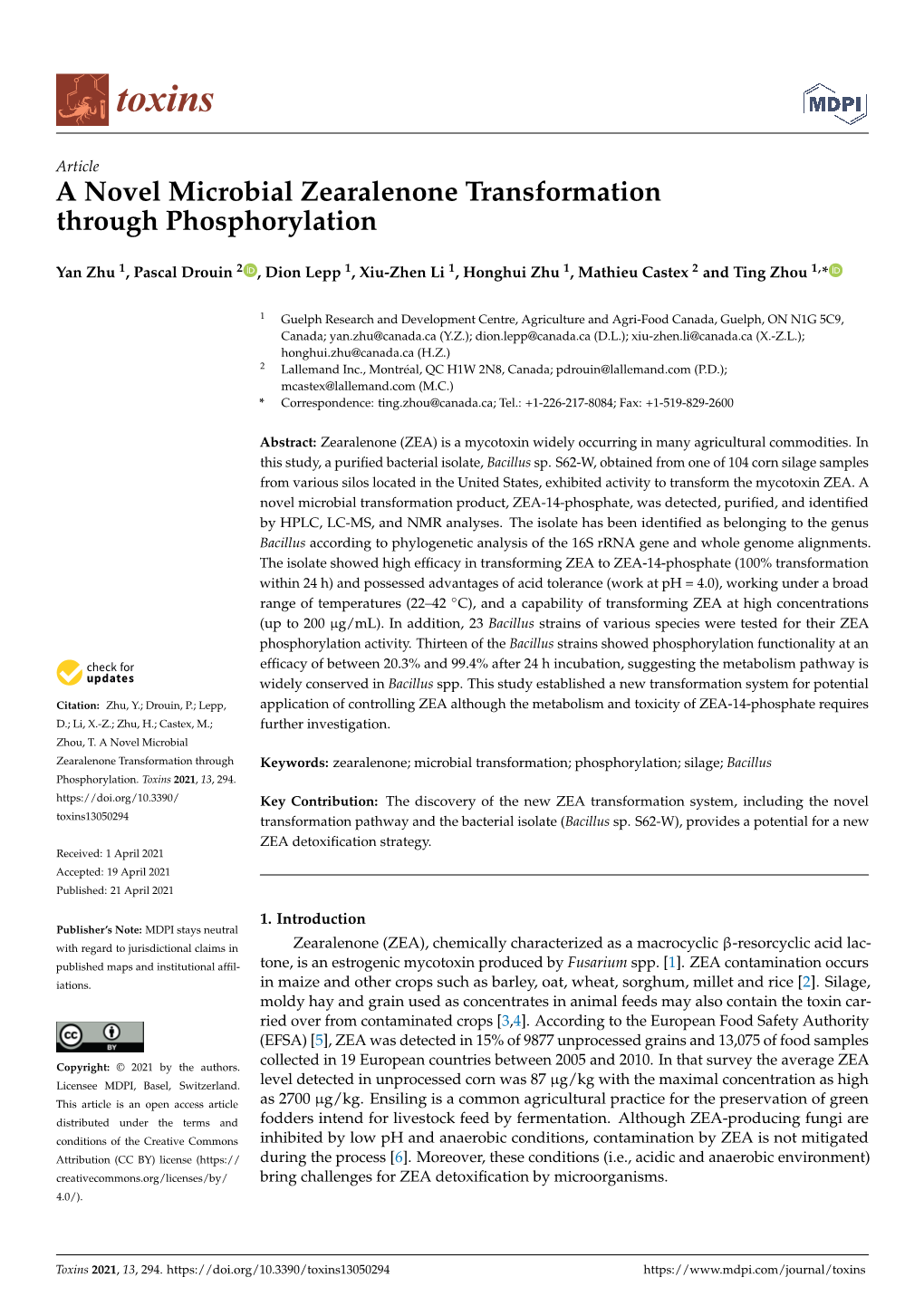 A Novel Microbial Zearalenone Transformation Through Phosphorylation