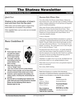 The Shatnez Newsletter by Rabbi Dovid Ginsburg- Cleveland Fall 2007