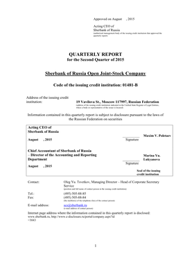 QUARTERLY REPORT Sberbank of Russia Open Joint-Stock Company