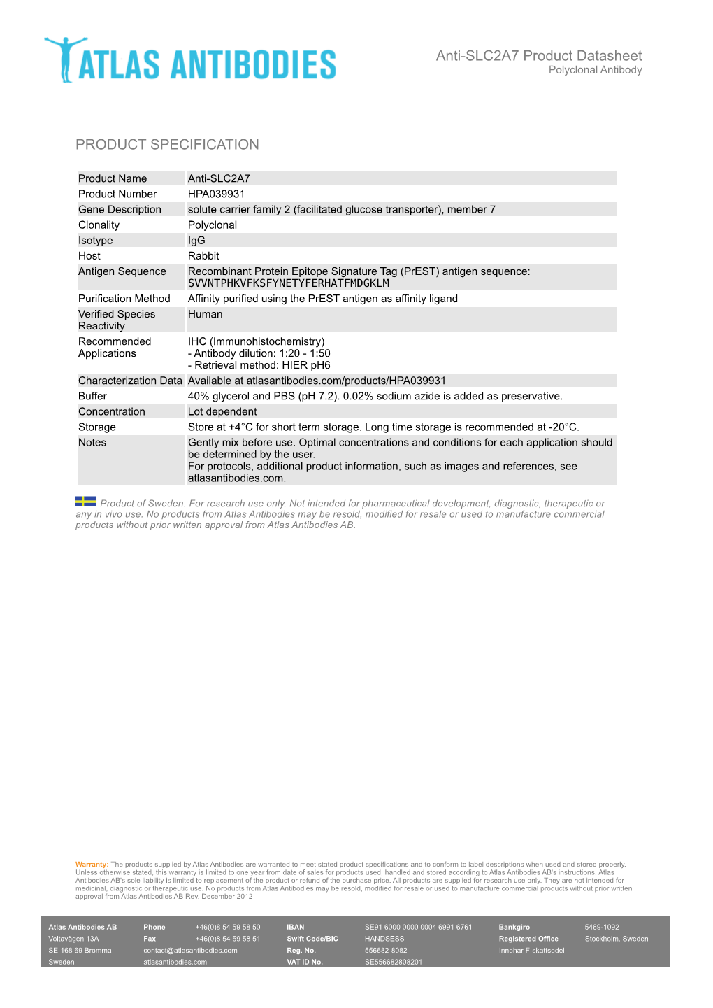 PRODUCT SPECIFICATION Anti-SLC2A7 Product