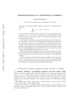 Generalizations of Carmichael Numbers I